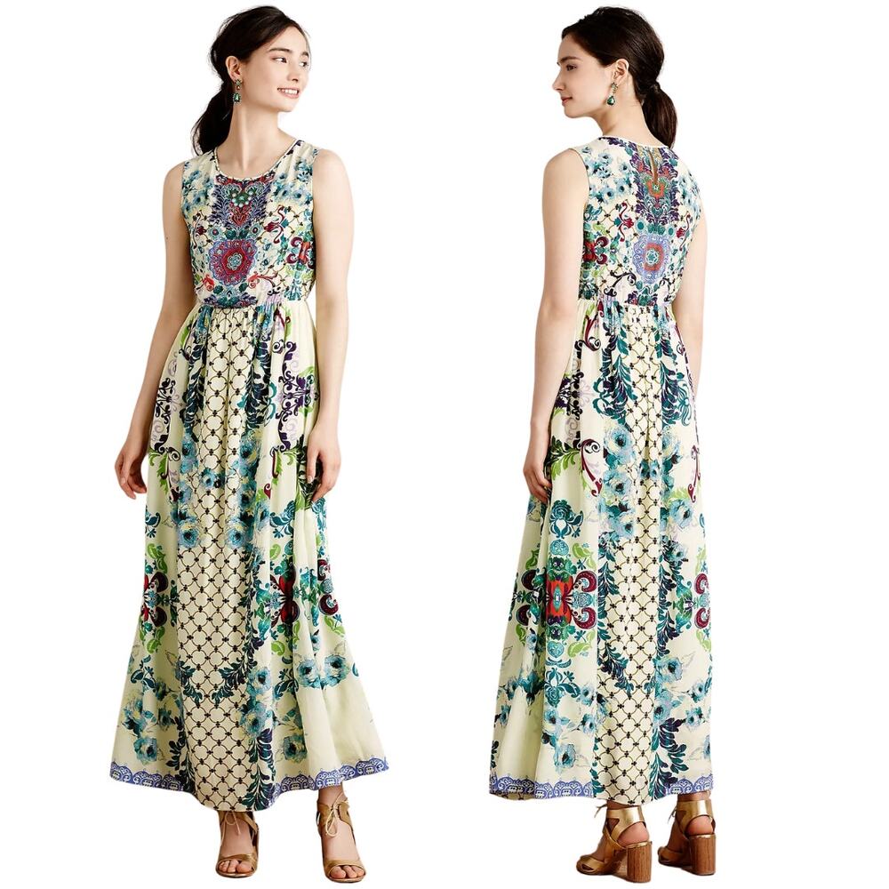 Hemant & Nandita Embroidered Canaria Dress Maxi Boho Silk Floral Garden XS